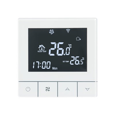 ترموستات فن کویل هوشمند قاب سفید با نور پس زمینه مشکی TGT79-AC